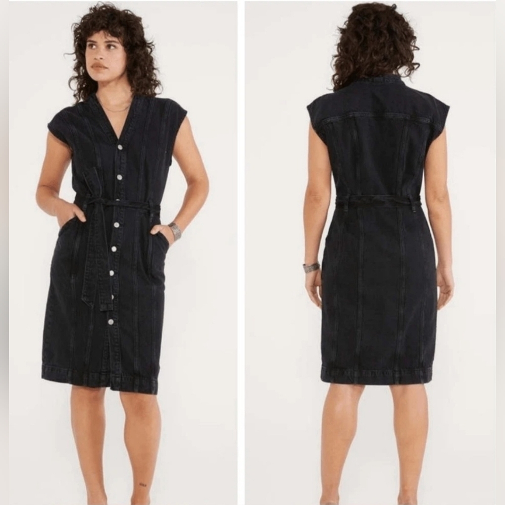 ETICA ISSA Seamed Denim Dress Sz Medium Black Button Front Organic Cotton Belted